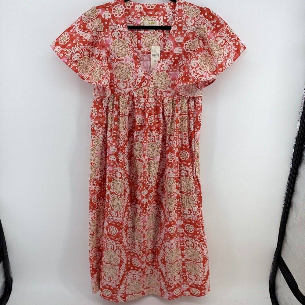 NWT Maeve Anthropologie‎ Printed Flutter Sleeve Babydoll Maxi Dress XXS Cotton